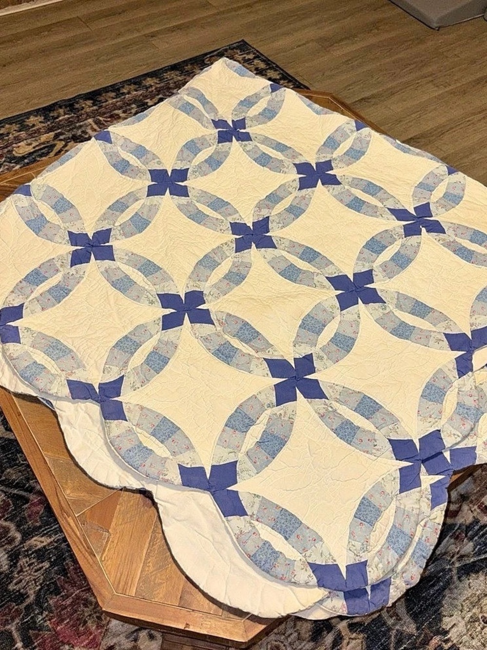 Handmade vintage wedding ring quilt blue and white